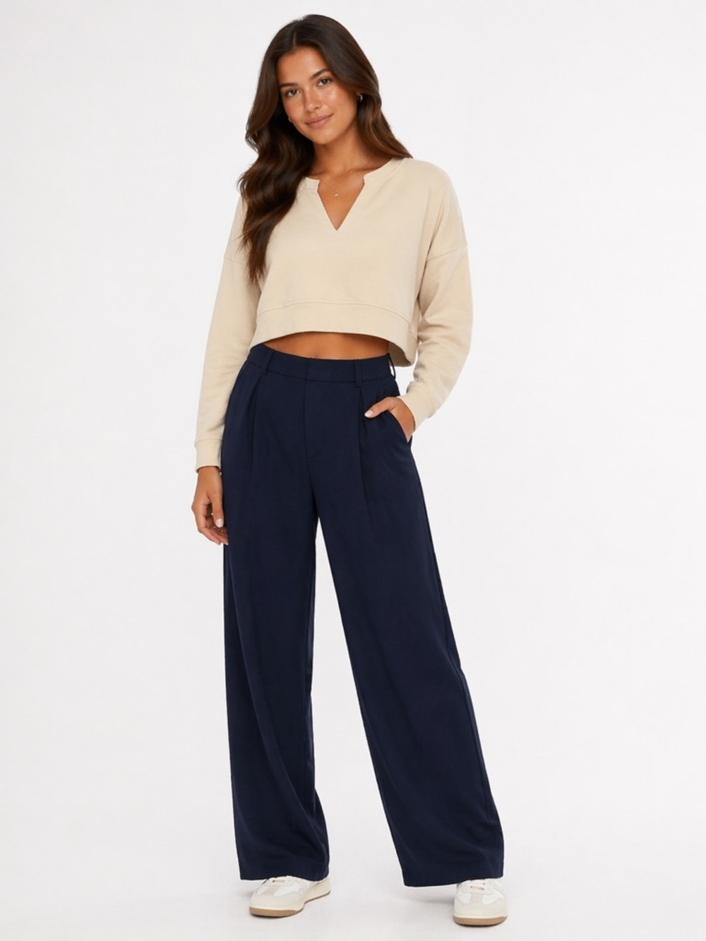 AKIRA Beige V-Neck Cropped Sweater